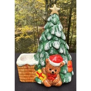 Vtg 1970’s 6" Ceramic Christmas Tree Teddy & Chimney Candle Holder J.S.N.Y. -S76